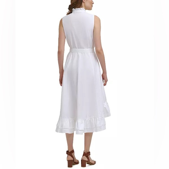 NEW CALVIN KLEIN Cotton Ruffled Mock-Neck High Low Midi Dress - Picture 2 of 7